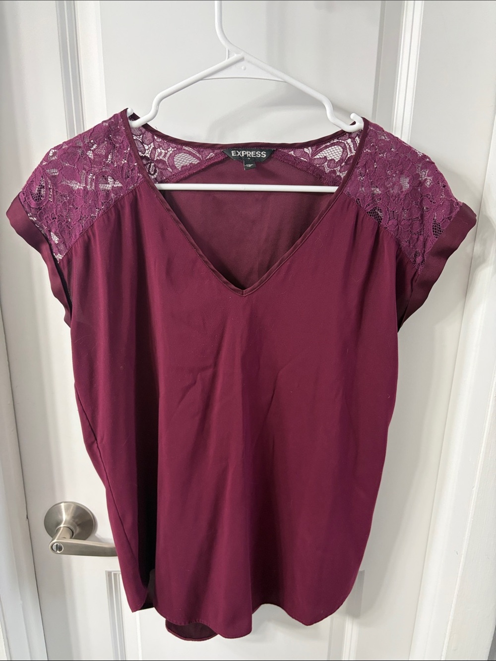 Express Cranberry Lace-Shoulder V-Neck Blouse